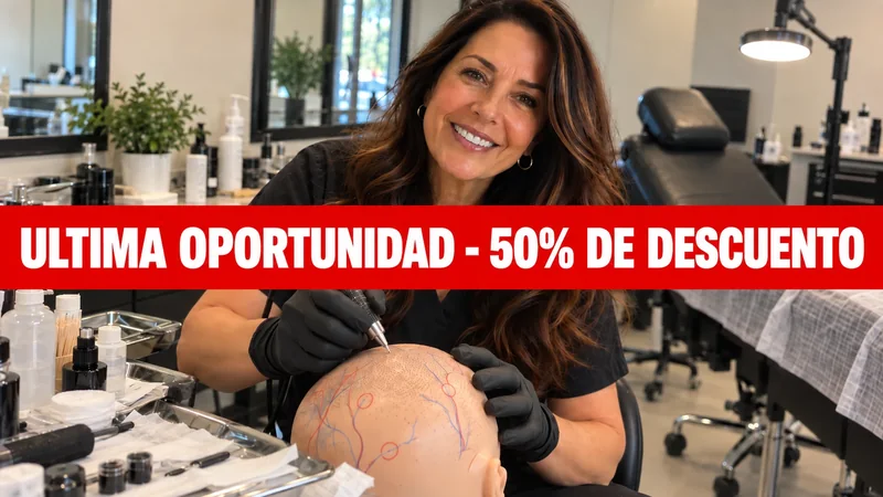 Franja de 50% de descuento sobre foto de especialista de micropigmentación capilar preparando instrumentos esterilizados